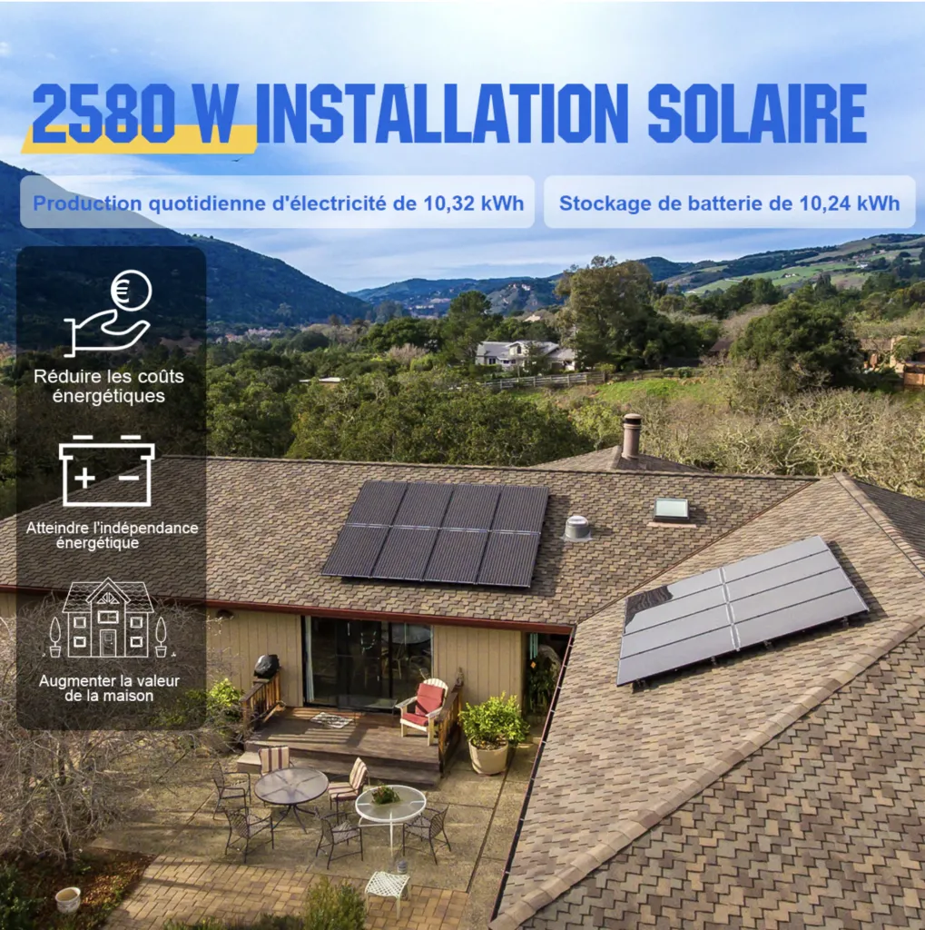 Kit solaire 2580W 48V avec 6 panneaux full black et onduleur hybride 5000W