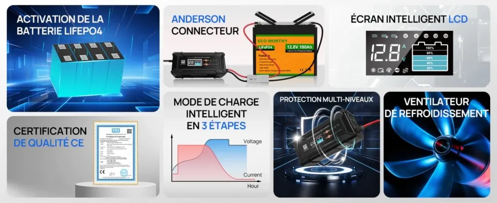 Chargeur 20A branché sur une batterie de voiture 12V