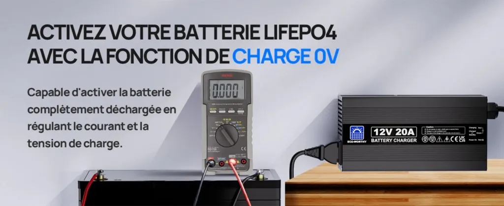 Vue latérale du chargeur lithium LiFePO4 12,8V 20A