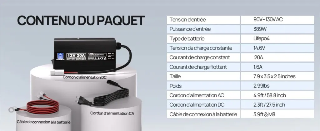 Kit complet chargeur lithium LiFePO4 20A avec câbles