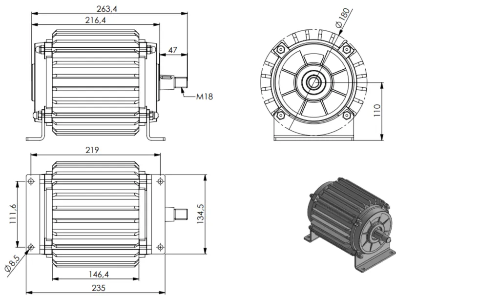 Vue détaillée du moteur d'éolienne 24V avec double roulement et boîtier en aluminium