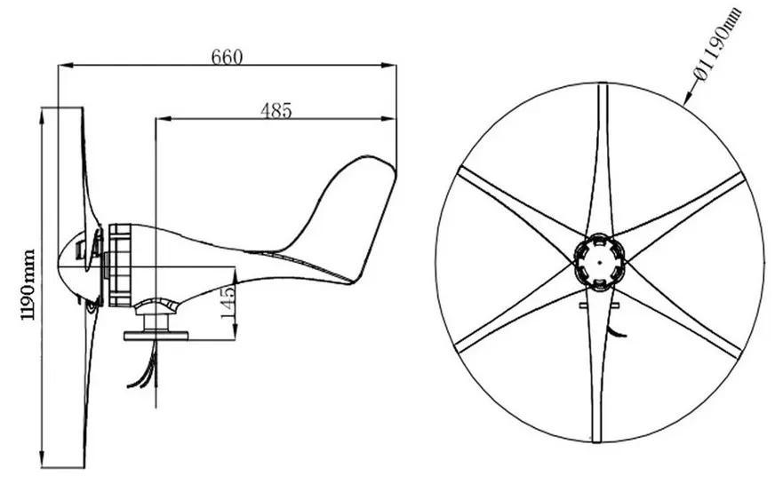 Plan de masse éolienne PWR 6 pales 12v 400w
