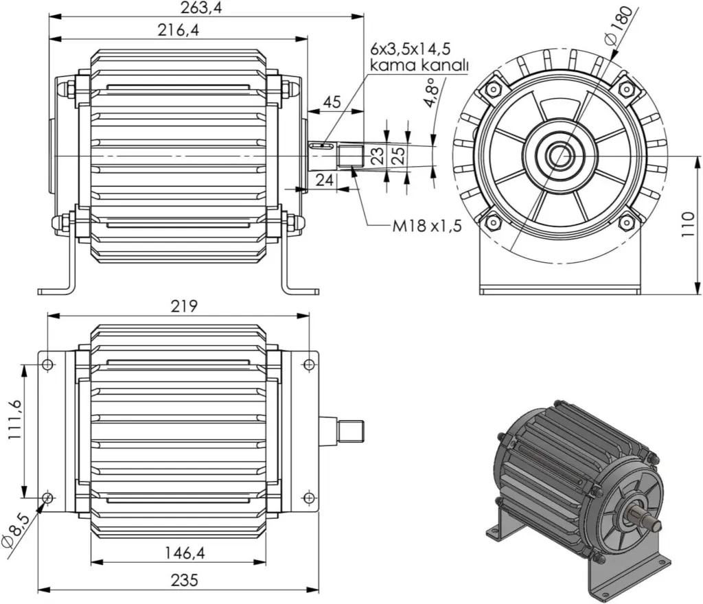 Plan de masse - Détail de l'arbre de rotor du générateur 48V