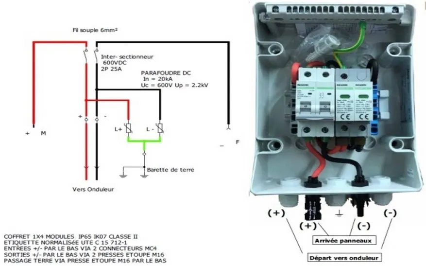 Schéma de montage coffret de protection parafoudre courant DC 600 Volts 50A