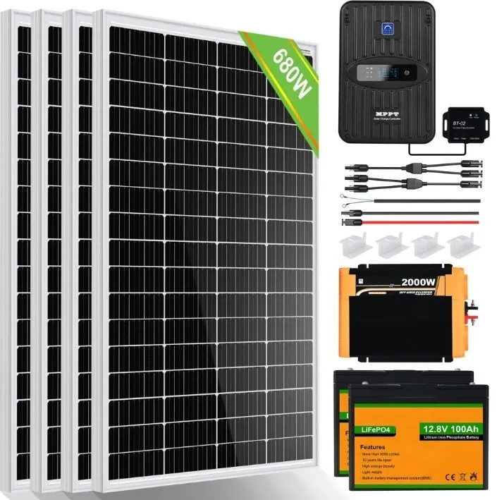 Kit solaire autonome 680W 12V avec onduleur 2000W et batteries lithium