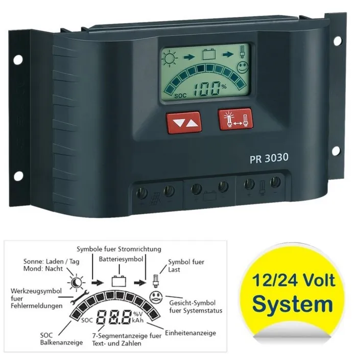 Régulateur de charge solaire 12-24V /  30A LCD