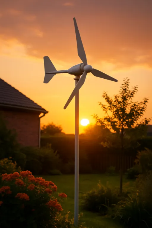 Mini éolienne de jardin installée sur une pelouse verdoyante devant une maison