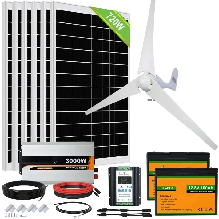 Kit hybride solaire éolien 1120W 24V avec convertisseur et batteries lithium
