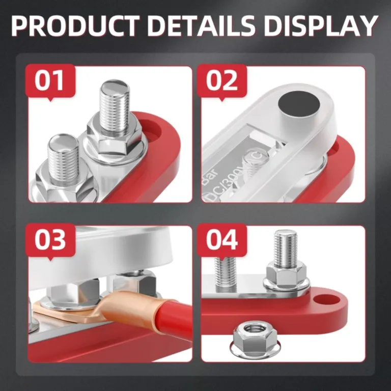 Détail des bornes à goujon M6 (1/4″) et écrous à rondelle intégrée