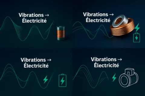 Prototype en test : conversion des micro-vibrations en courant continu mesuré au multimètre, invention FR2503440