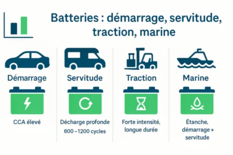 Infographie : comparatif des batteries démarrage, servitude (décharge profonde), traction et marine – usages auto, camping-car, bateau