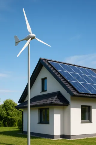 Éolienne domestique sur mât devant une maison équipée de panneaux solaires photovoltaïques pour l’autoconsommation