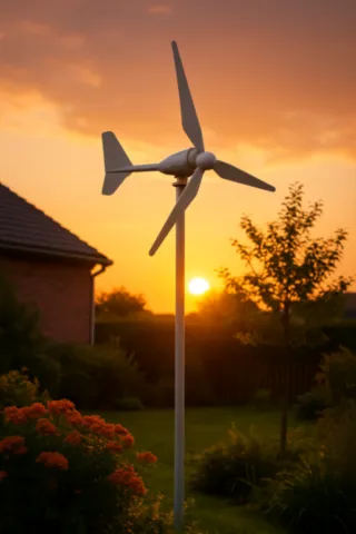 Mini éolienne de jardin installée sur une pelouse verdoyante devant une maison