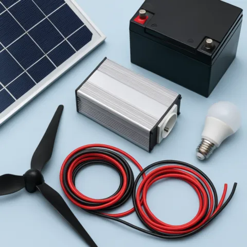 Gros plan sur un câble électrique cuivre gainé, avec batterie, convertisseur, panneau solaire et mini éolienne