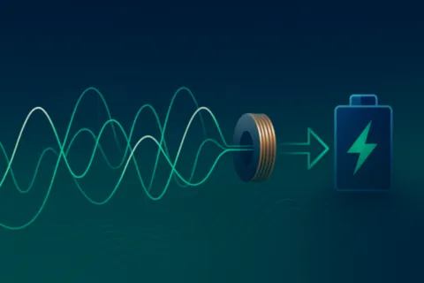 Schéma : vibrations → électricité (FR2503440) — moteur, aimant, bobine et pont redresseur pour recharge de batterie