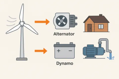 Comparaison entre alternateur et dynamo connectés à une éolienne, avec exemples d'applications comme maison, batterie et pompe à eau