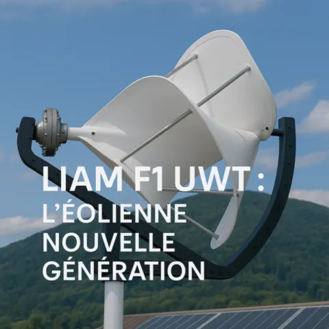 Éolienne verticale Liam F1 UWT blanche installée sur mât, en fonctionnement sous ciel dégagé